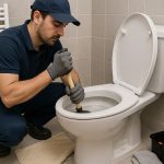 Fontanero desatascando un WC